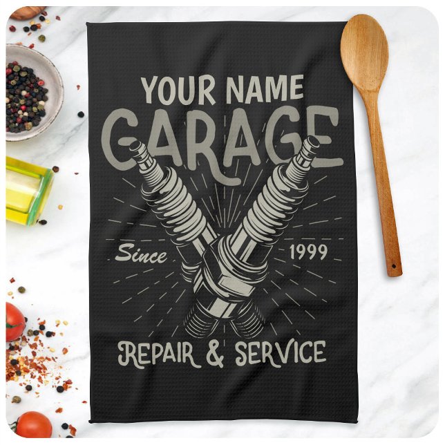 Personalised Auto Mechanic Garage Retro Spark Plug Tea Towel (Creator Uploaded)