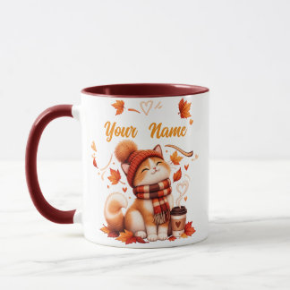 Personalised Autumn Cat Mug | Custom Name Cosy Fal