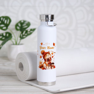 Personalised Autumn Cat Water Bottle Custom Name