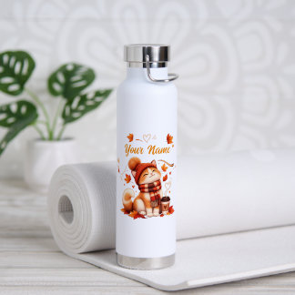 Personalised Autumn Cat Water Bottle | Custom Name