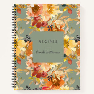 Personalised Autumn Floral Fall Sage Green Recipe Notebook