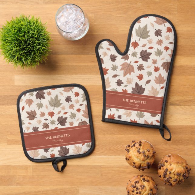Personalised Autumn Leaves Oven Mitt & Pot Holder Set (Top Down)