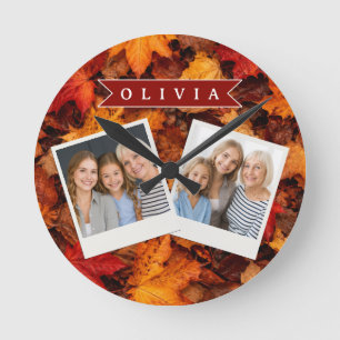 Personalised Autumn Maple Leaves Colourful Fall Round Clock