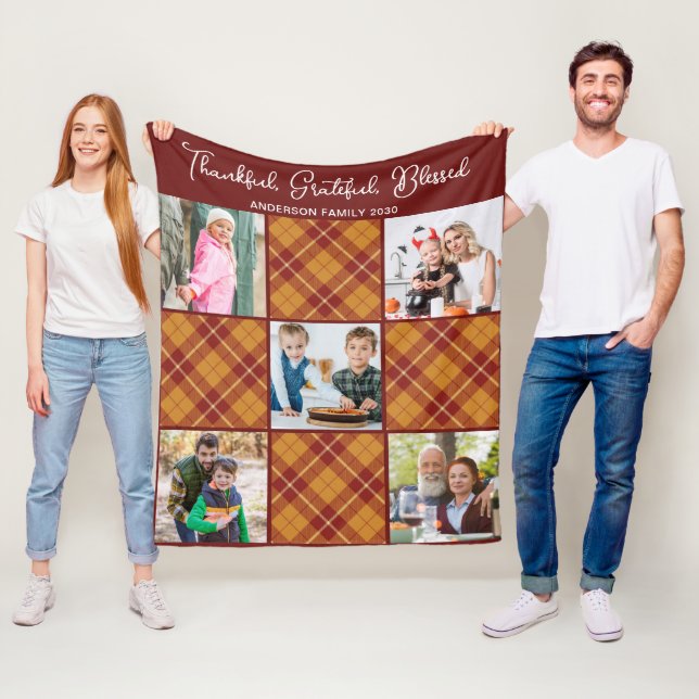 Personalised Autumn Orange Plaid 5 Photo Collage Fleece Blanket (In Situ)
