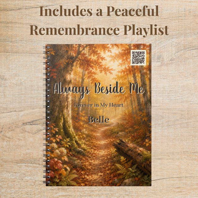 Personalised Autumn Path Rainbow Bridge QR Code Notebook (Rainbow Bridge journal with customizable QR to a Spotify grief playlist or your own memorial tribute)