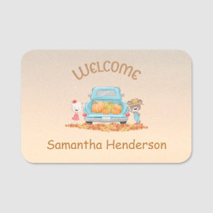 Personalised Autumn Welcome Bears Pumpkins Leaves Name Tag