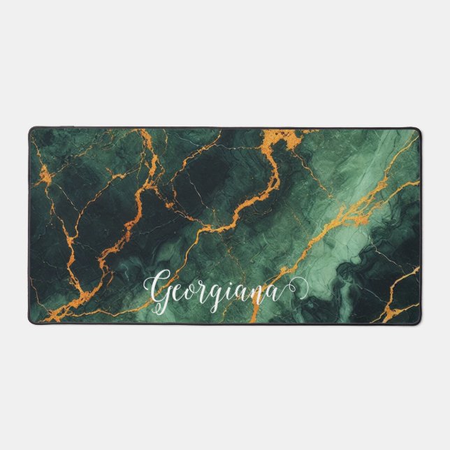 Personalised Autumnal Forest Green & Gold Marble Desk Mat (Front)