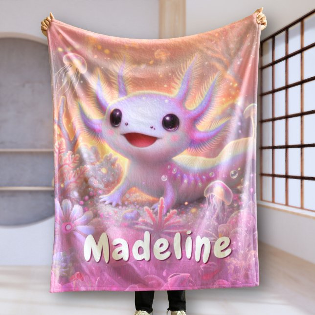 Personalised Axolotl Gift Custom Name Pink Fleece Blanket (Personalized axolotl blanket in pink for girls)