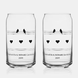 Personalised B&W 2 birds & 3 hearts Can Glass