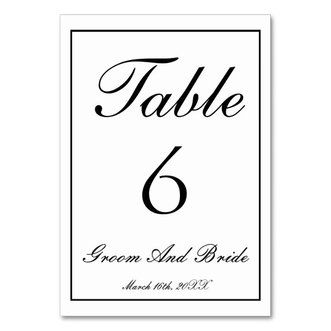 Personalised B&W Wedding Table Number (Front)