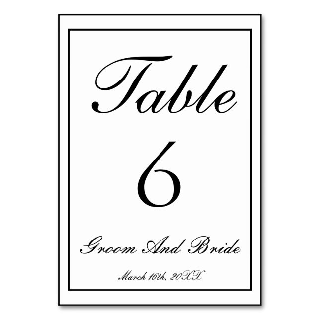 Personalised B&W Wedding Table Number (Front)