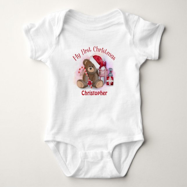 Personalised Babies First Christmas Teddy Bear Baby Bodysuit (Front)
