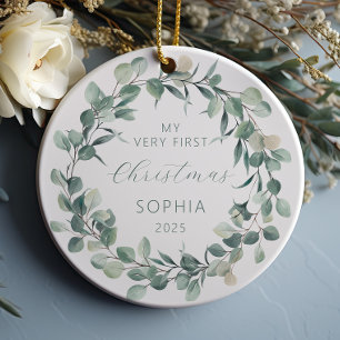 Personalised Baby 1st Christmas Eucalyptus Wreath Ceramic Tree Decoration