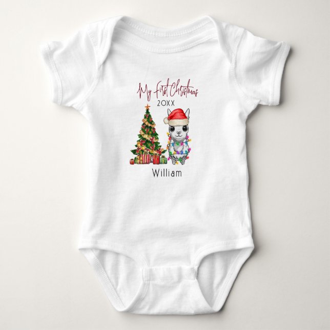 Personalised baby alpaca llama First Christmas Baby Bodysuit (Front)