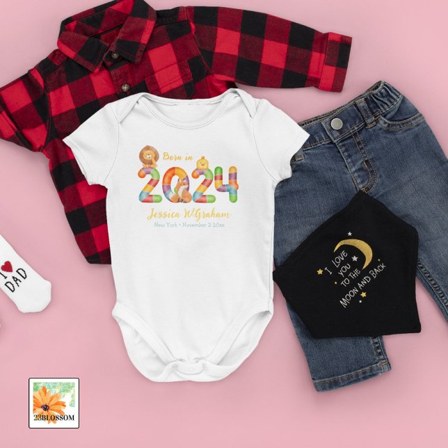 personalised baby animals gift born in 2024 bodysuit (Creator Uploaded)