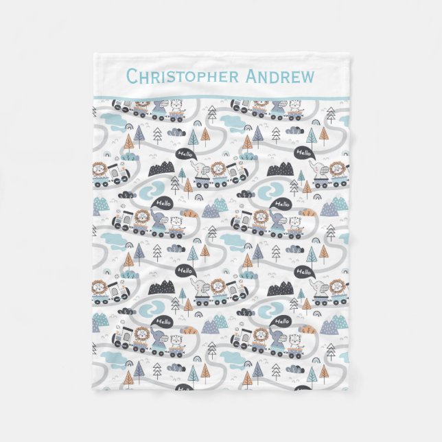 Personalised Baby Animals Train Gift for Baby Boy Fleece Blanket (Front)