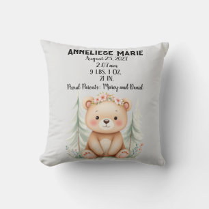 Personalised Baby Bear Birth Stats Girls' Nursery Cushion