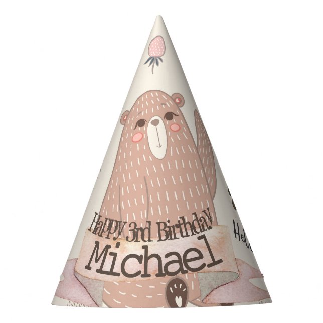 Personalised Baby Bear Birthday Strawberry Pattern Party Hat (Front)
