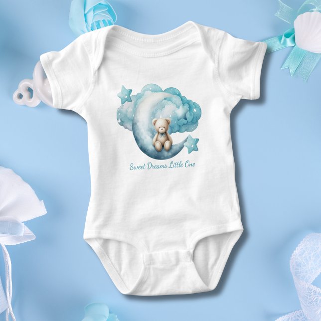 Personalised Baby Bear Moon Star Cloud Blue Boy Baby Bodysuit (Personalized Blue Baby Bear Sitting on Moon with Stars and clouds. Baby shower gift baby boy)
