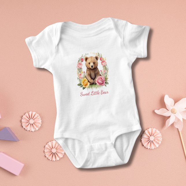 Personalised Baby Bear Pink Yellow Flowers Gift Bodysuit (Personalized Baby Bear Pink Yellow Roses Flowers Baby Girl Gift Baby Shower gift)