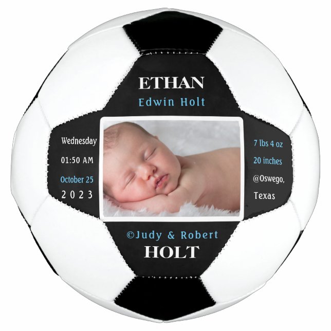 Personalised Baby Birth Stats Announcement Photo Soccer Ball (Front)