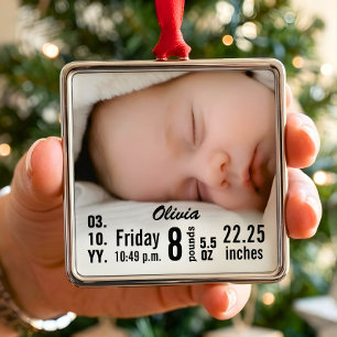 Personalised Baby Birth Stats Christmas Photo Metal Tree Decoration