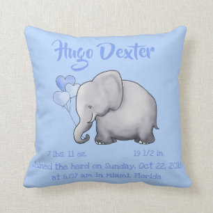 Personalised Baby Birth Stats Elephant Nursery Cushion