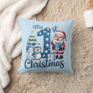 Personalised Baby Blue Gingham My First Christmas Cushion