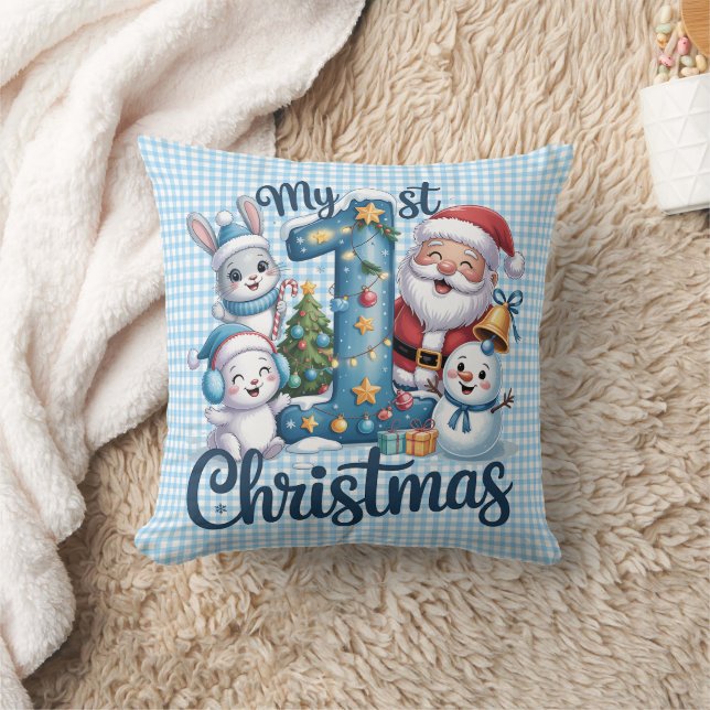 Personalised Baby Blue Gingham My First Christmas Cushion (Blanket)