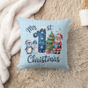 Personalised Baby Blue Gingham My First Christmas Cushion