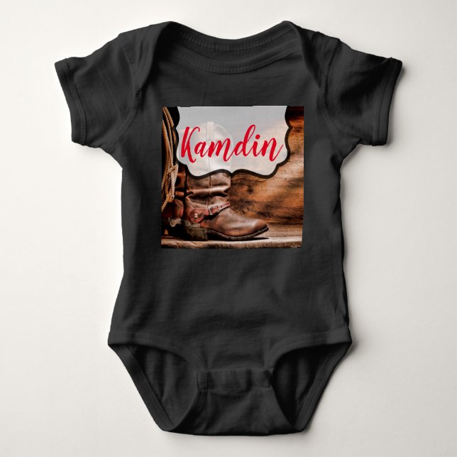 Personalised Baby Body Suit Cowboy Boots Barn Wood Baby Bodysuit (Front)