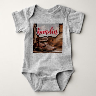 Personalised Baby Body Suit Cowboy Boots Barn Wood Baby Bodysuit