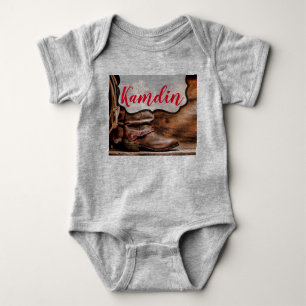 Personalised Baby Body Suit Cowboy Boots Barn Wood Bodysuit