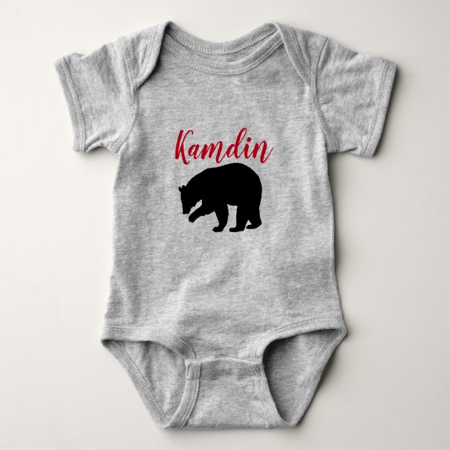 Personalised Baby Body Suit Red Buffalo Black Bear Baby Bodysuit (Front)