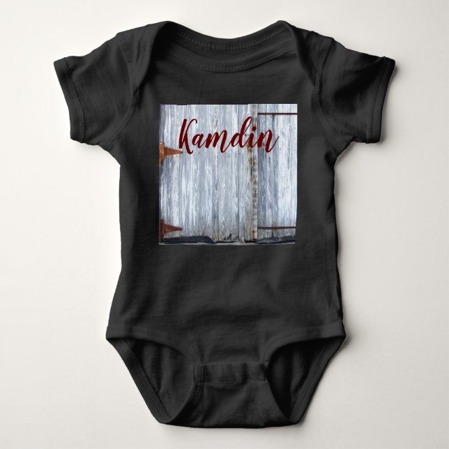 Personalised Baby Body Suit White Wash Wood Barn D Baby Bodysuit (Front)