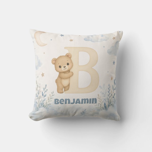 Personalised Baby Boy Bear Letter B Cushion (Front)