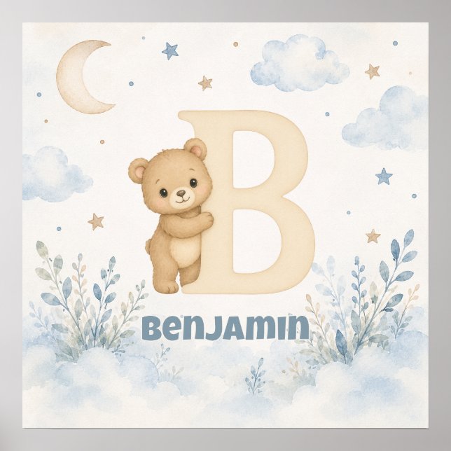 Personalised Baby Boy Bear Letter B Poster (Front)