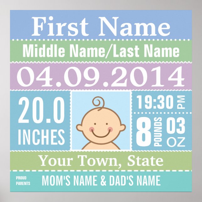 Personalised Baby Boy Birth Stats poster (Front)