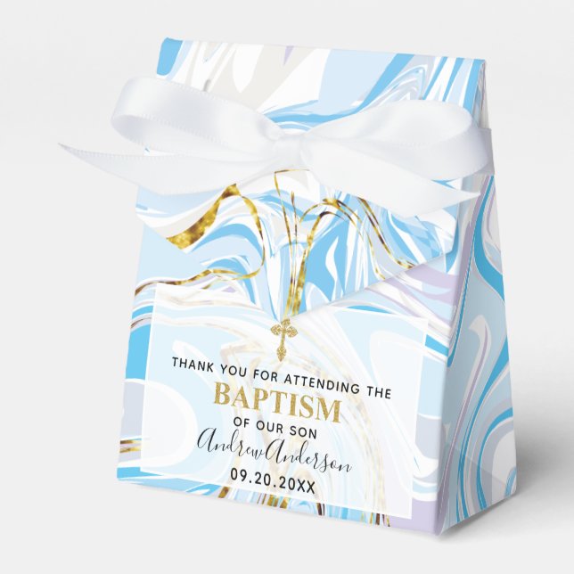 Personalised Baby Boy Blue Abstract Marble Baptism Favour Box (Front Side)