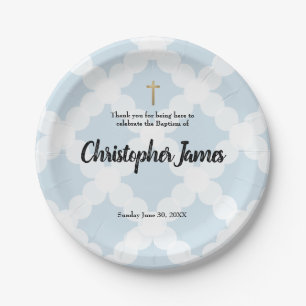 Personalised Baby boy blue Baptism & gold cross Paper Plate