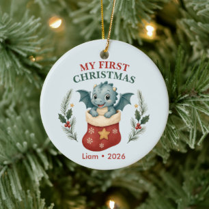 Personalised Baby Boy First Christmas Dragon  Ceramic Tree Decoration
