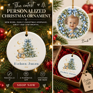 Personalised Baby Boy First Christmas Photo Ceramic Tree Decoration