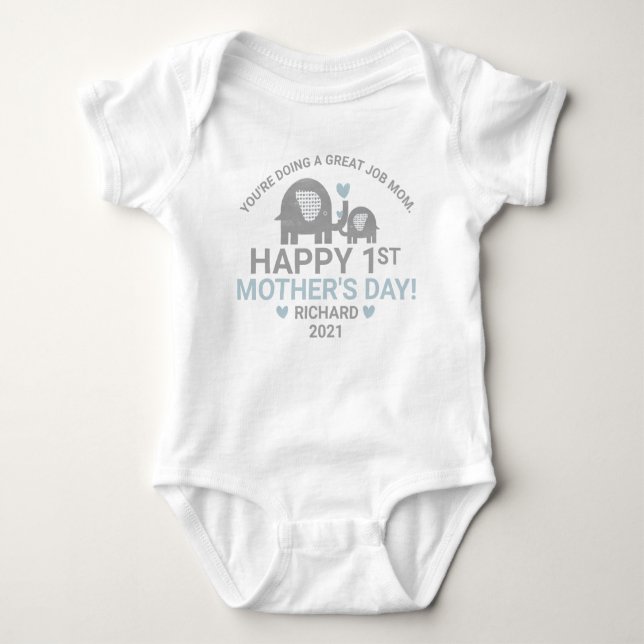 Personalised Baby Boy First Mother's Day Elephant Bodysuit (Front)