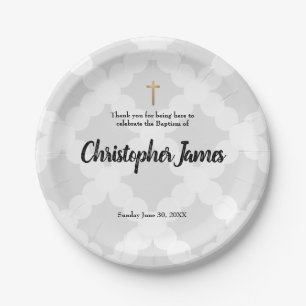 Personalised Baby boy Grey Baptism & gold cross Paper Plate
