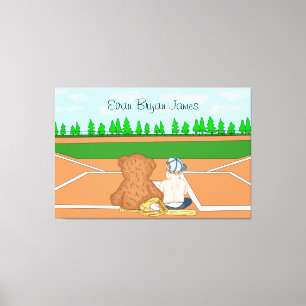Personalised Baby Boy in Baseball Cap Teddy Bear Canvas Print