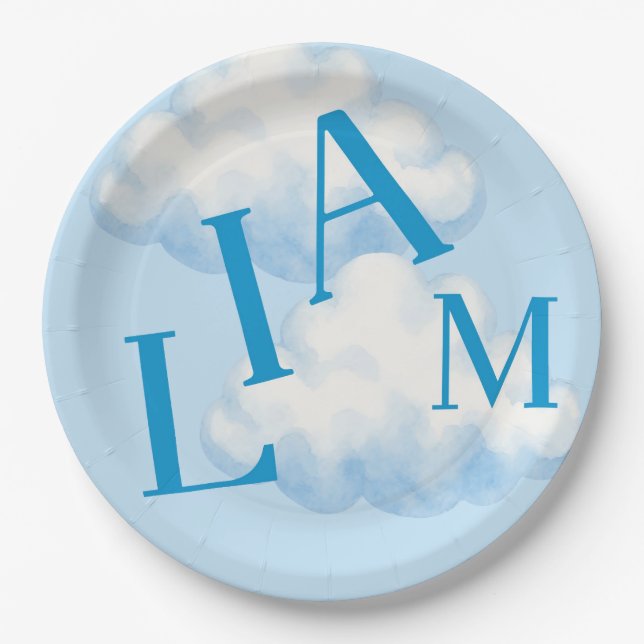 Personalised Baby Boy Name Blue Clouds Sky  Paper Plate (Front)