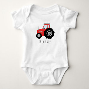 Personalised Baby Boy Red Farm Tractor with Name Bodysuit