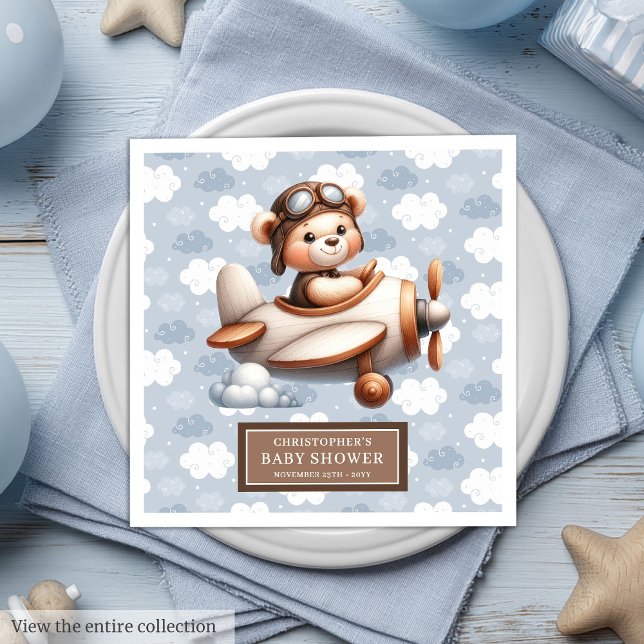 Personalised Baby Boy Teddy Bear Pilot Party  Napkin (Personalized Baby Boy Teddy Bear Pilot Party Paper Dinner Napkins)
