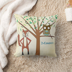 Personalised Baby Boy's Room Cute Fox and Owl Cushion