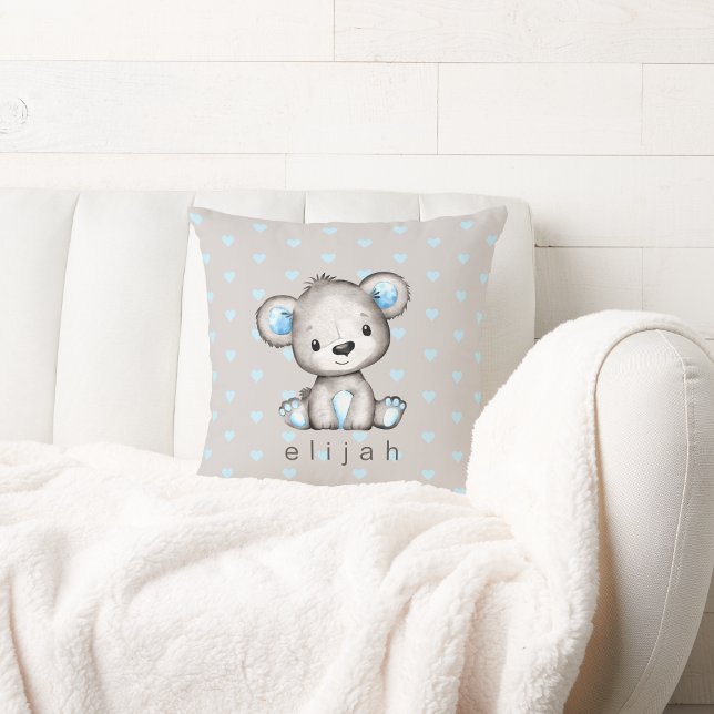 Personalised Baby Boy's Teddy Bear Blue Hearts Cushion (Creator Uploaded)